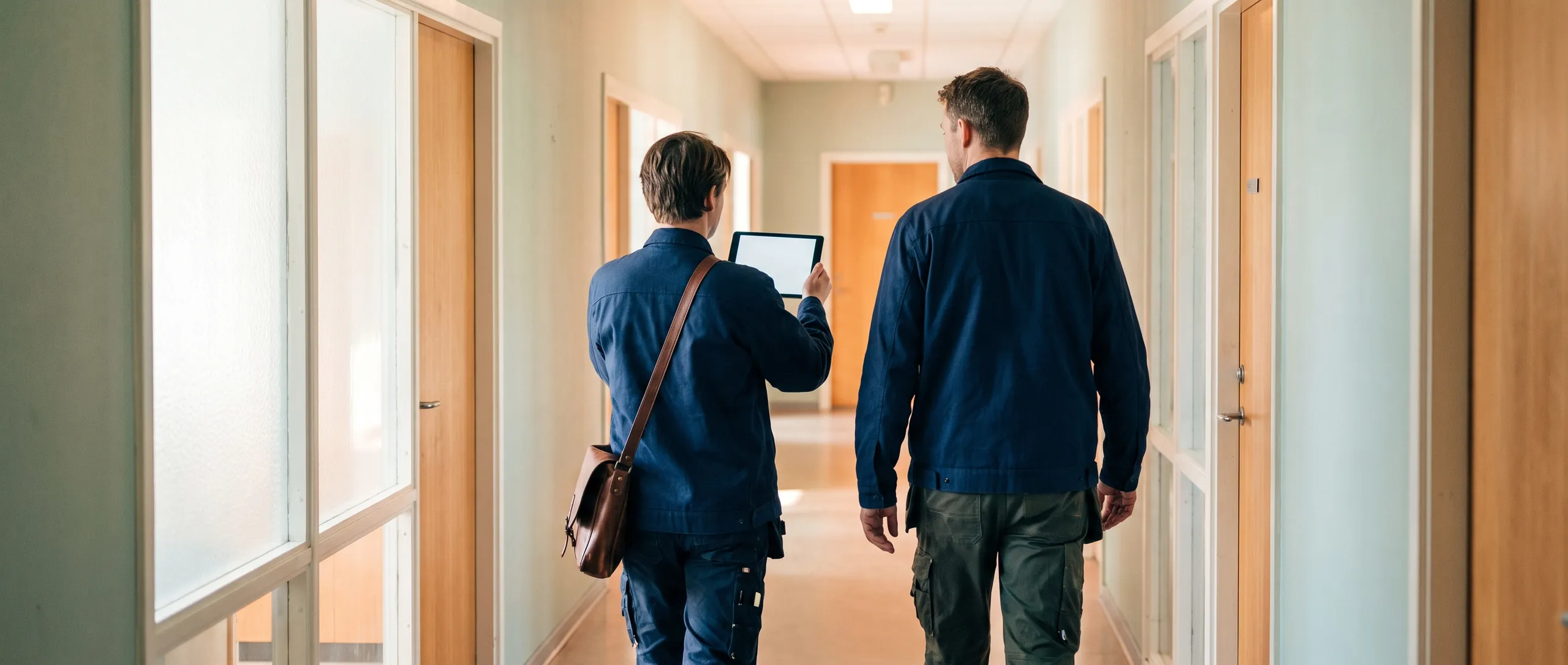 A facility manager and an installer walking a corridor of office doors