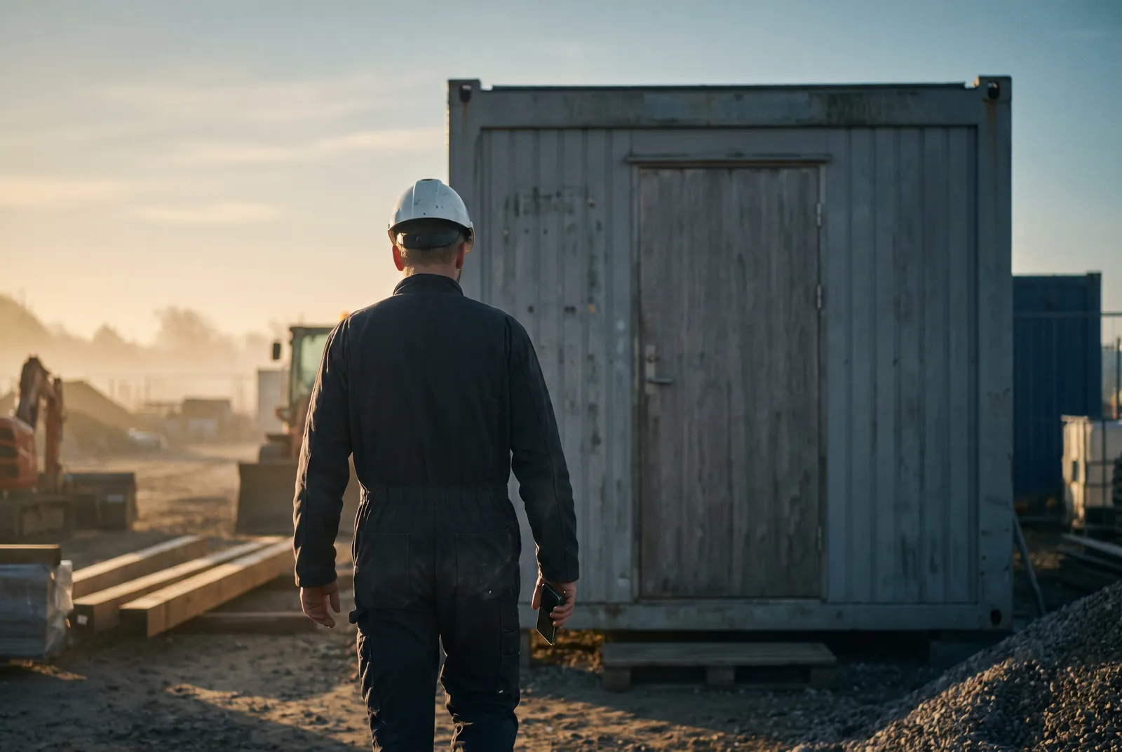 A contractor walking to a site cabin in the morning