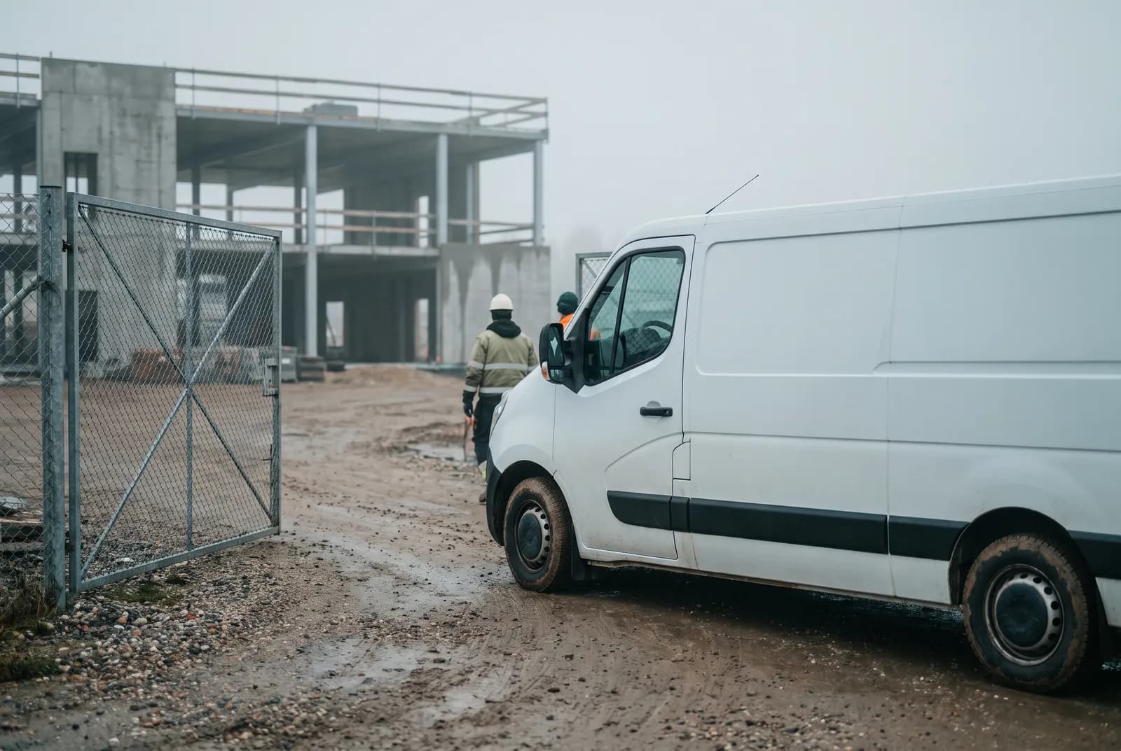 A delivery van at a construction site gate