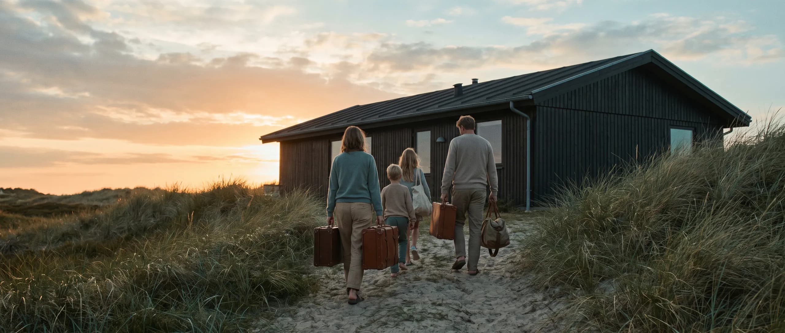 A summer house in the dunes at golden hour