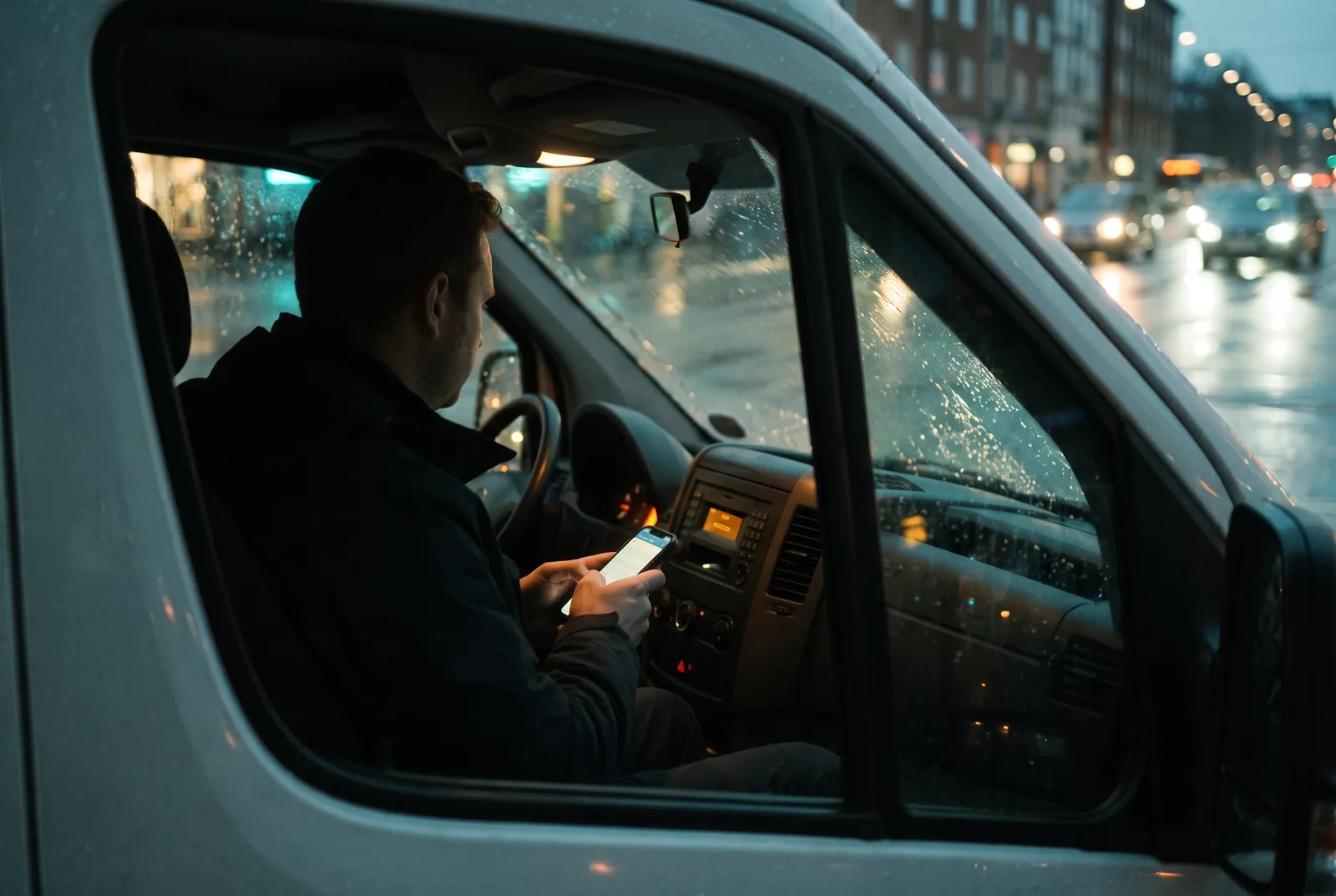 A driver checking a phone in the cab of a van