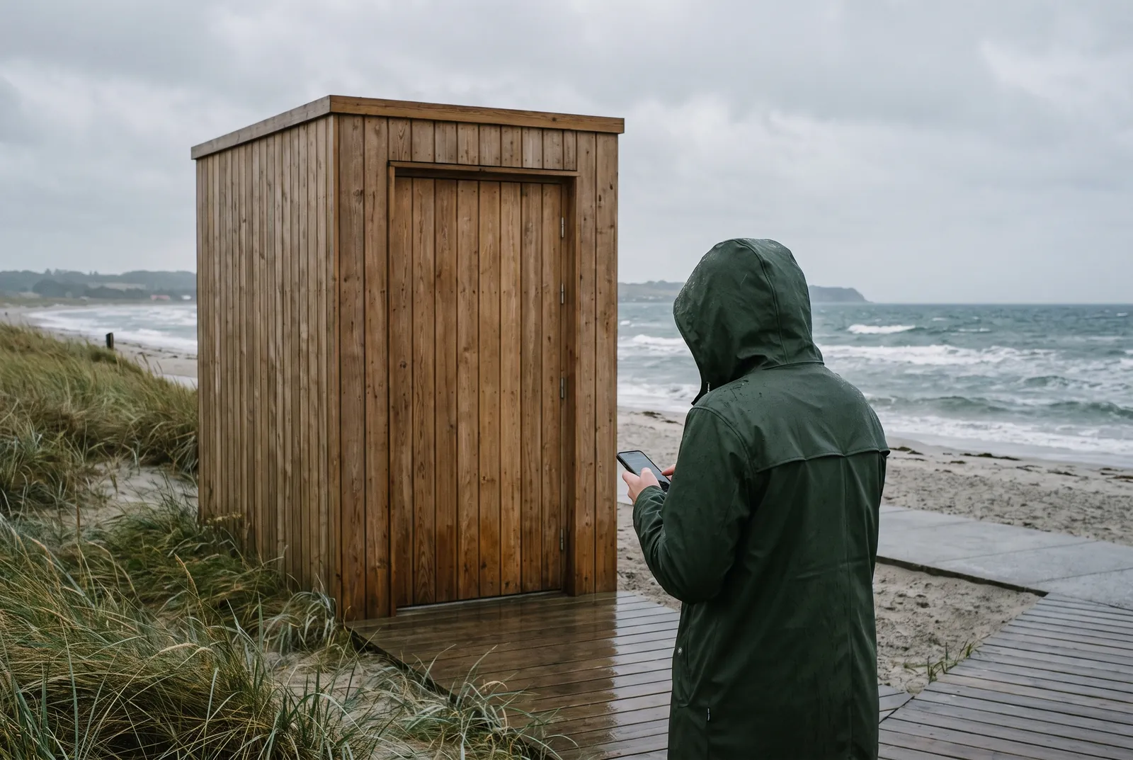 A visitor checking a phone outside a restroom door