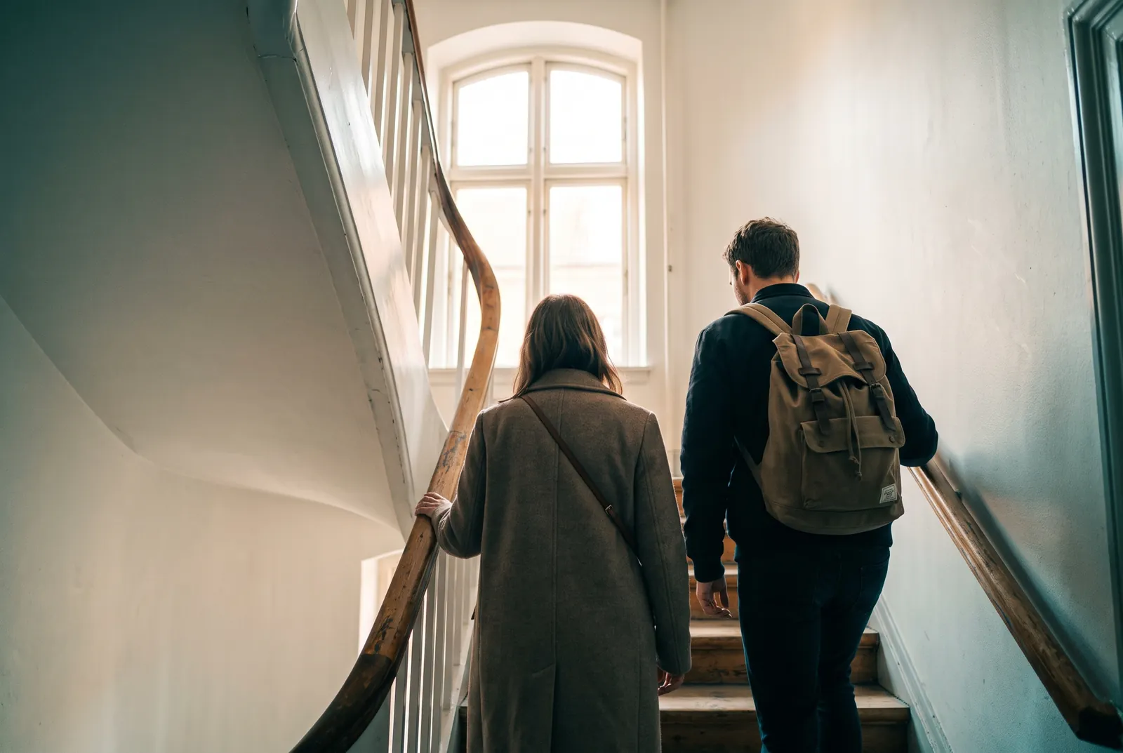 A resident and a guest walking up a stairwell