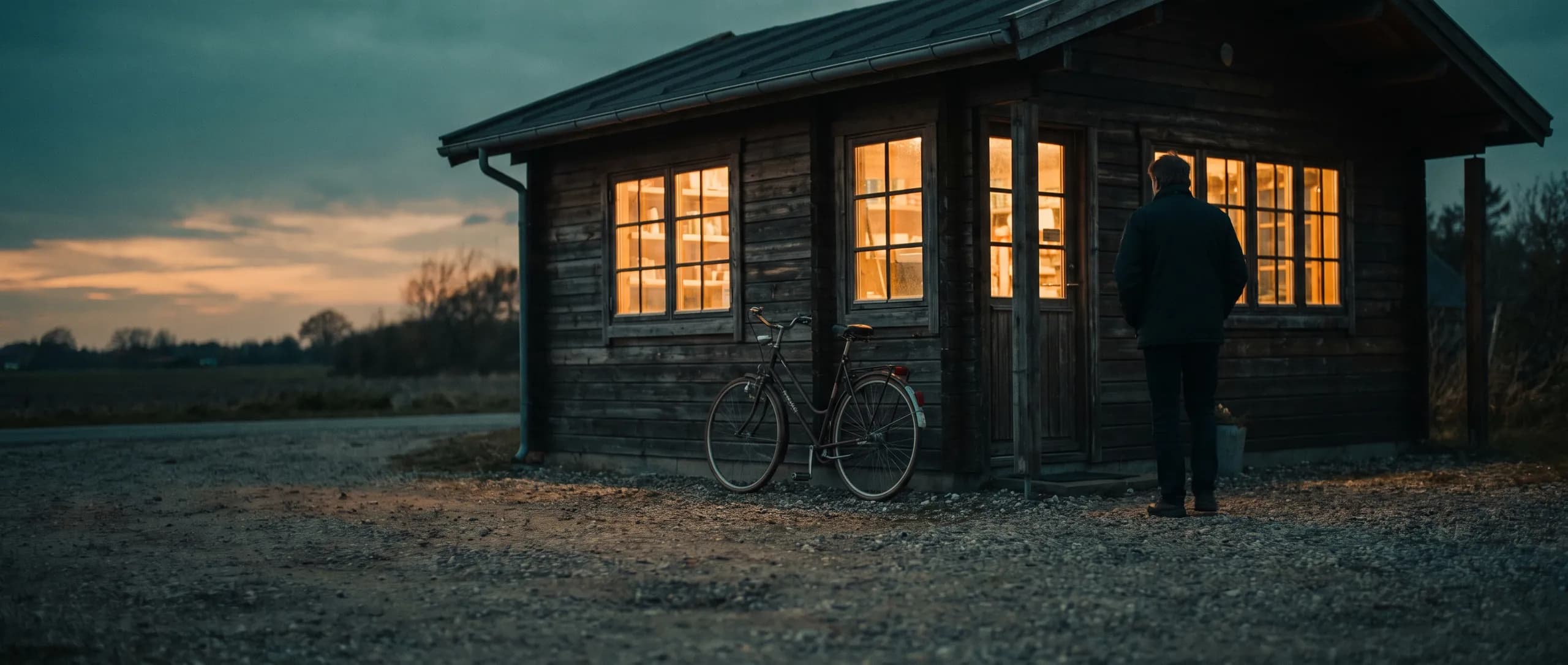 A small self-service village shop at dusk