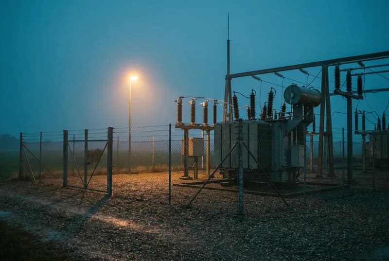 A fenced substation at dusk