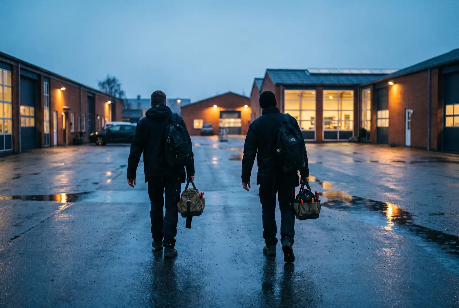 Two installers crossing a yard at blue hour