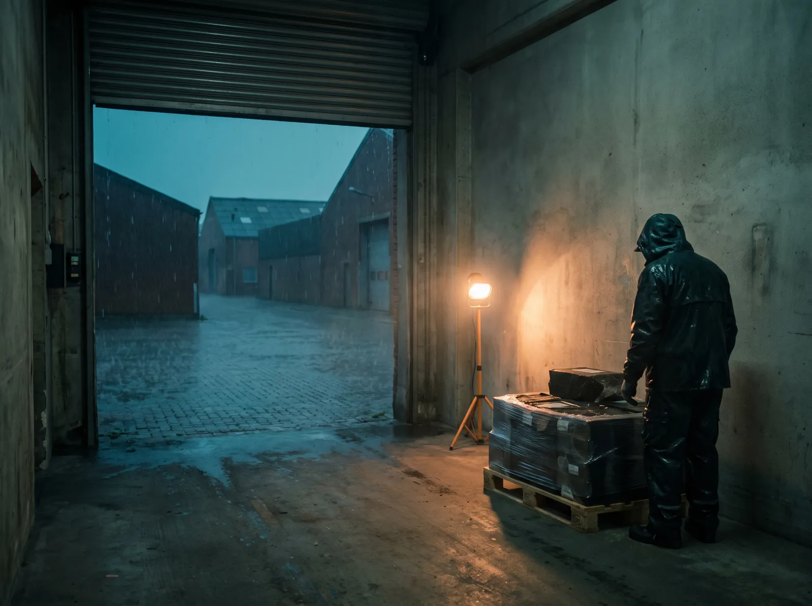 A warehouse ramp at night