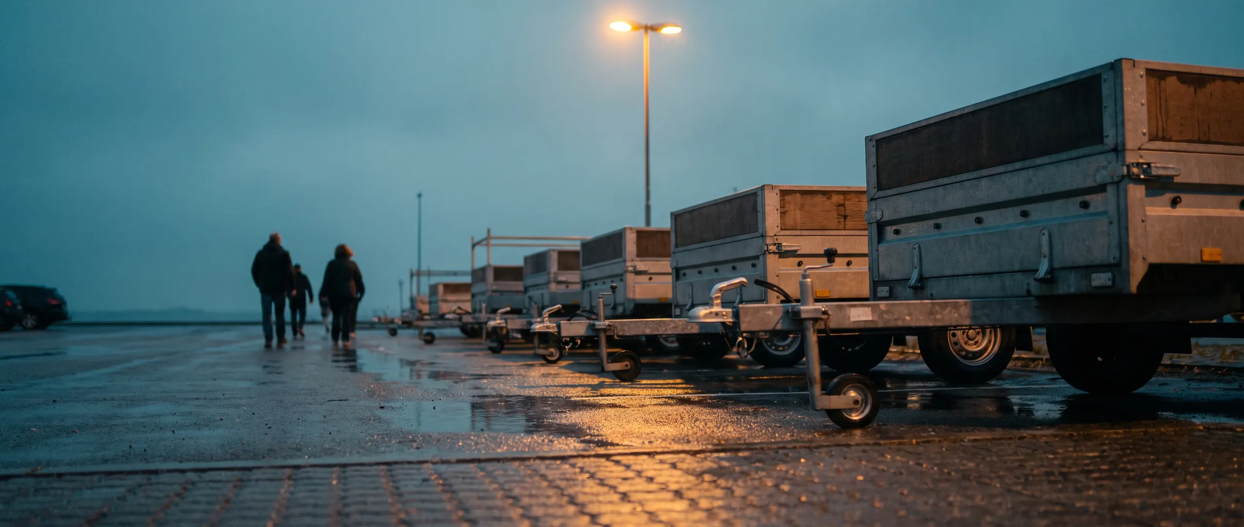 Rentable trailers by a car park at evening