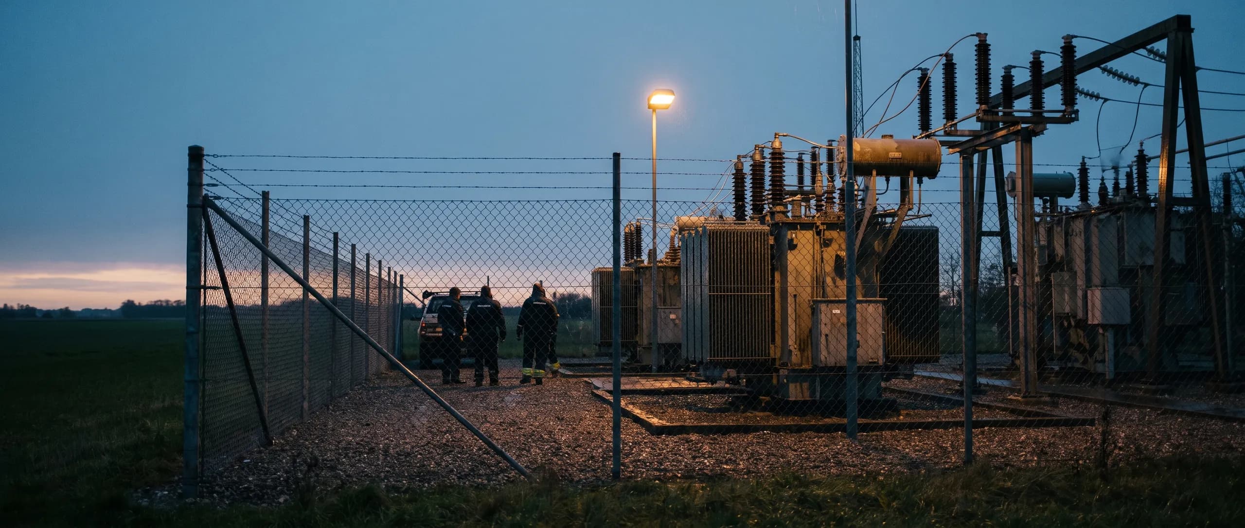 A fenced substation at blue hour