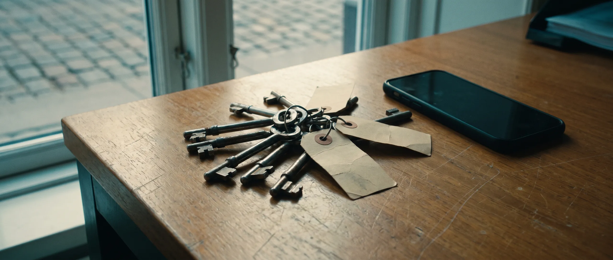 Old physical keys on a desk next to a phone