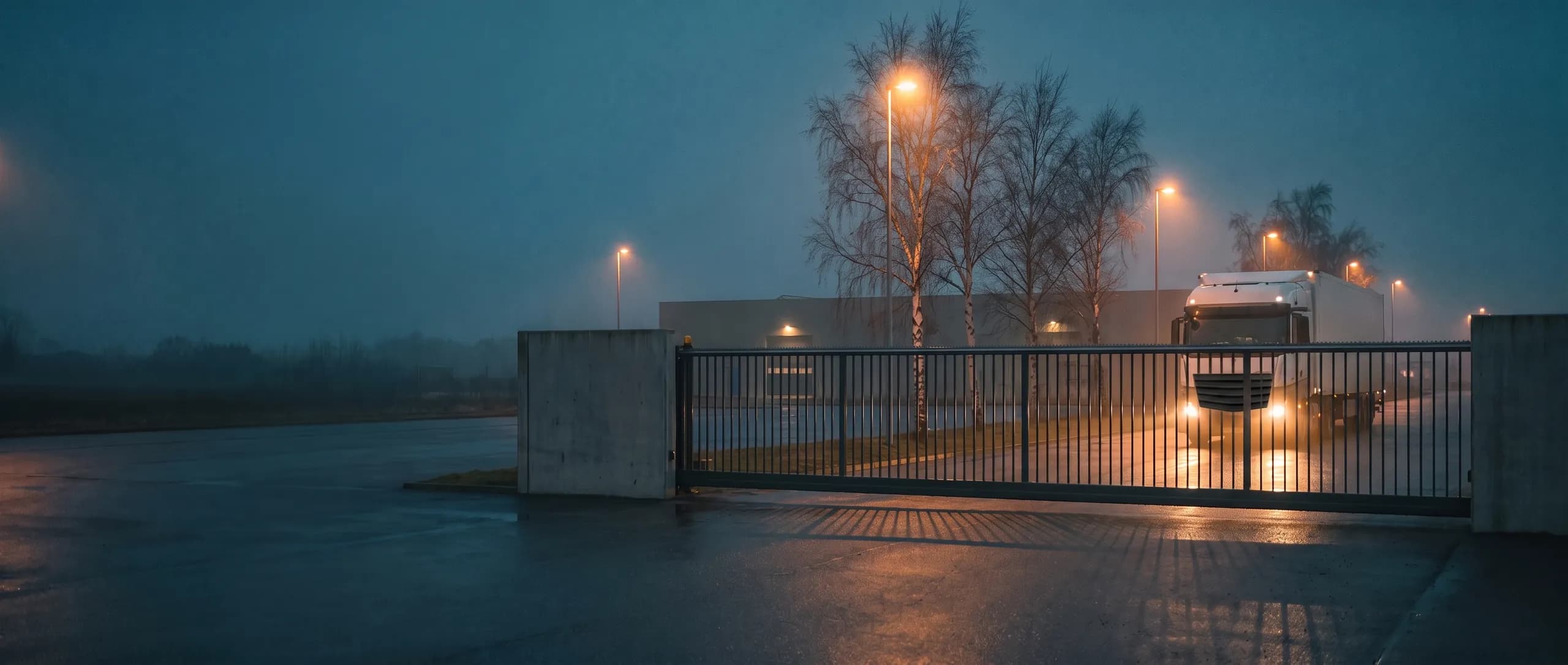 A logistics-yard gate at dusk, with a truck waiting behind it