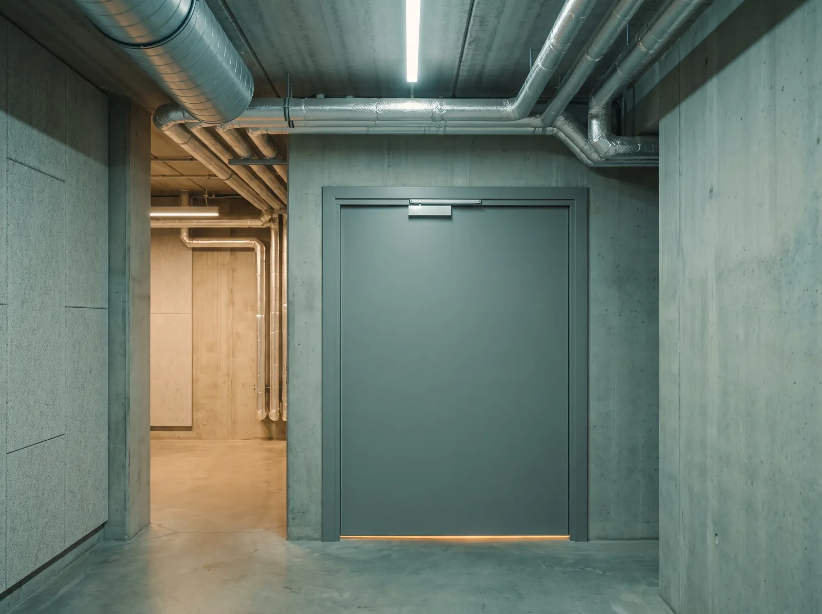 A plant-room service door held by a magnetic lock