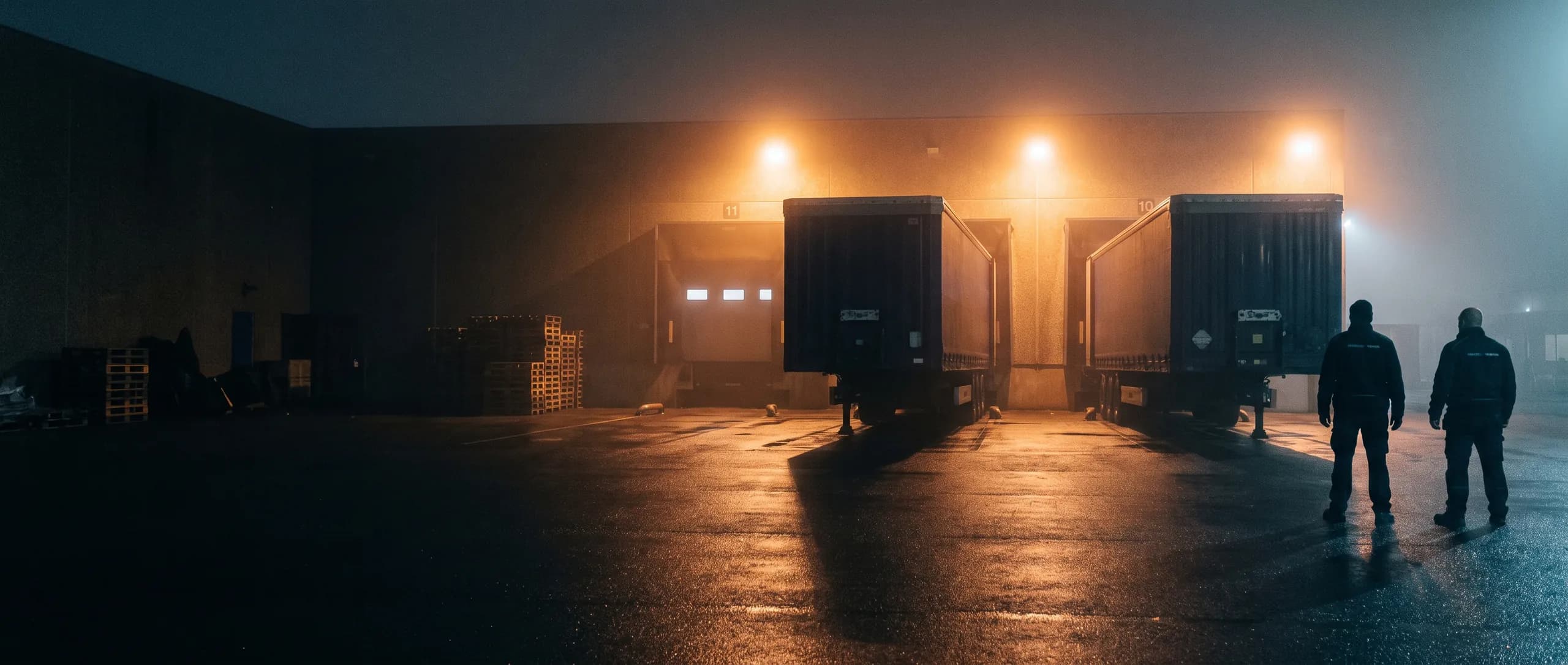 A loading dock at night with trailers backed in