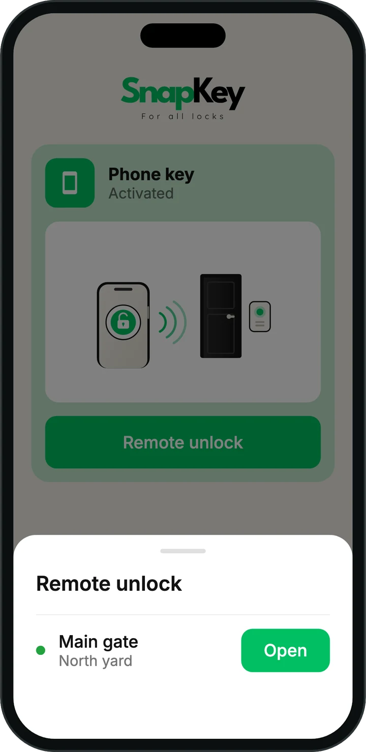 The SnapKey app's remote-unlock sheet, with an Open button for the main gate